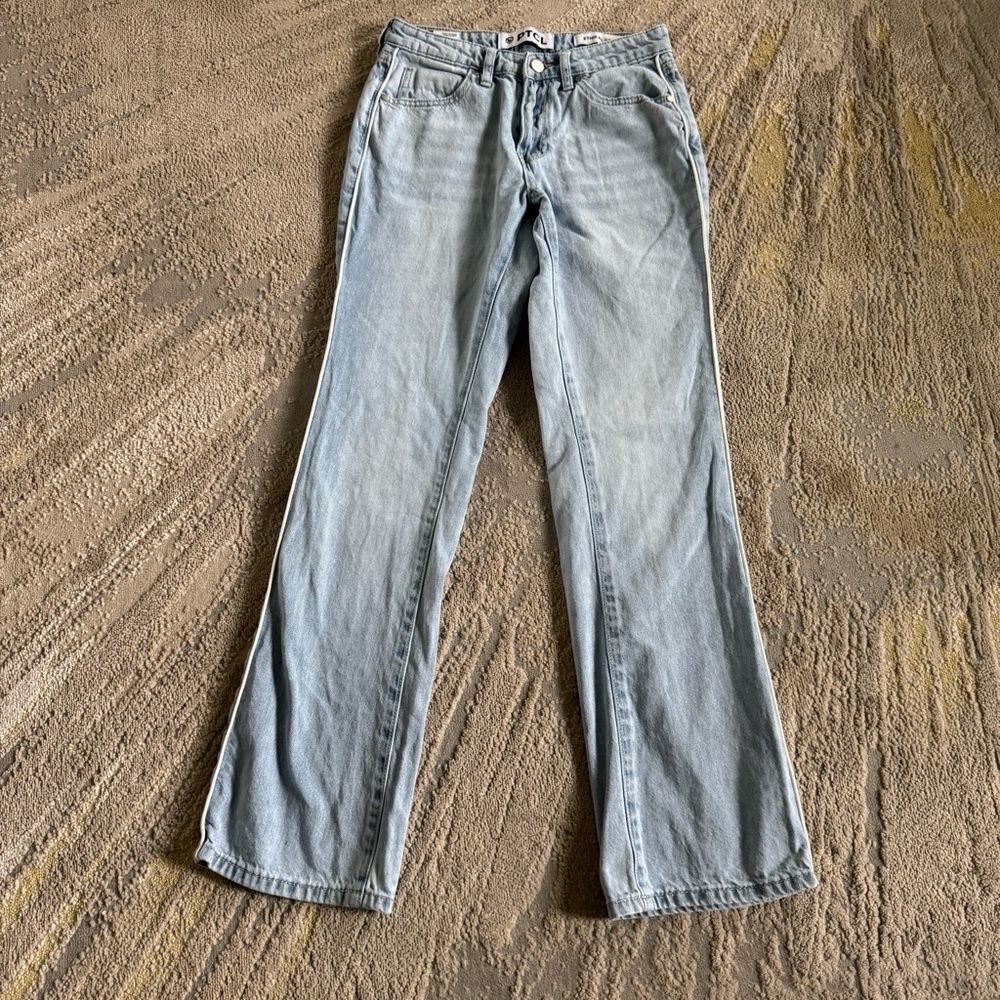 PTCL wide straight leg baggy loose relaxed jeans light wash white piping 25